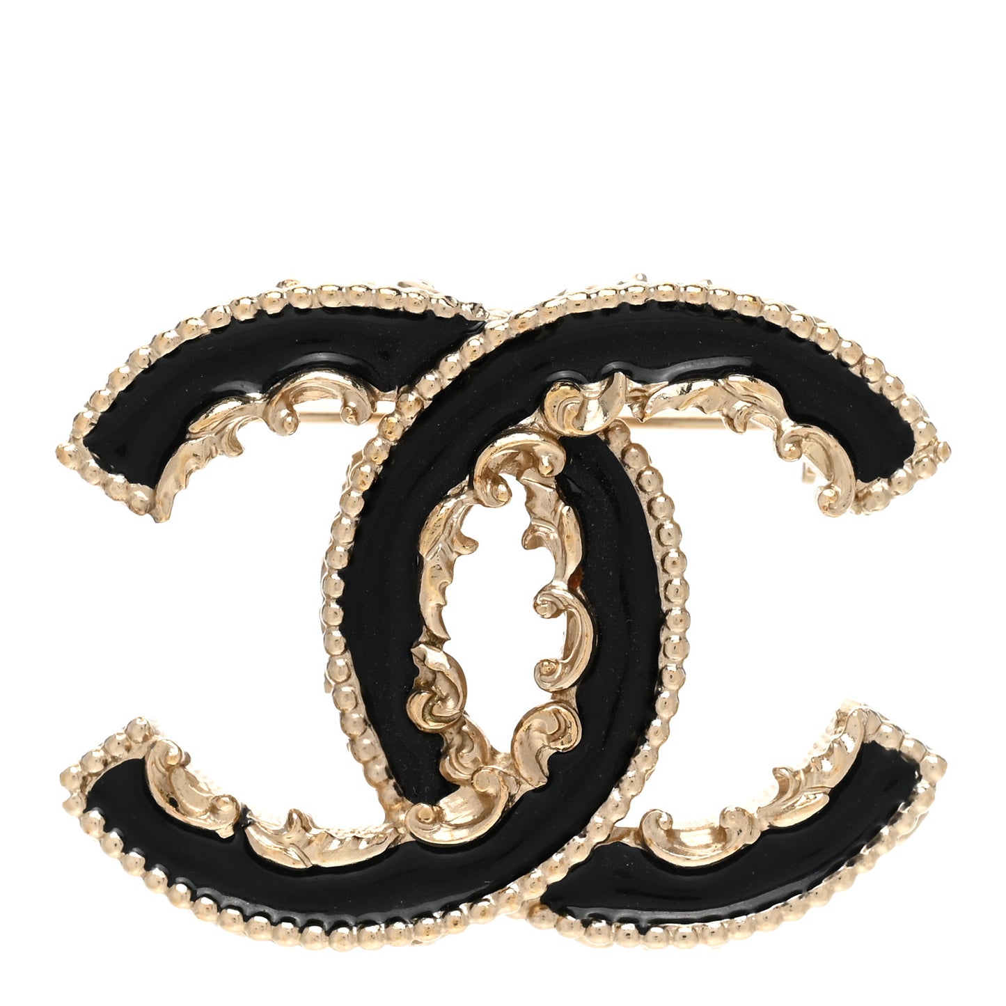 Enamel CC Baroque Brooch Black Gold