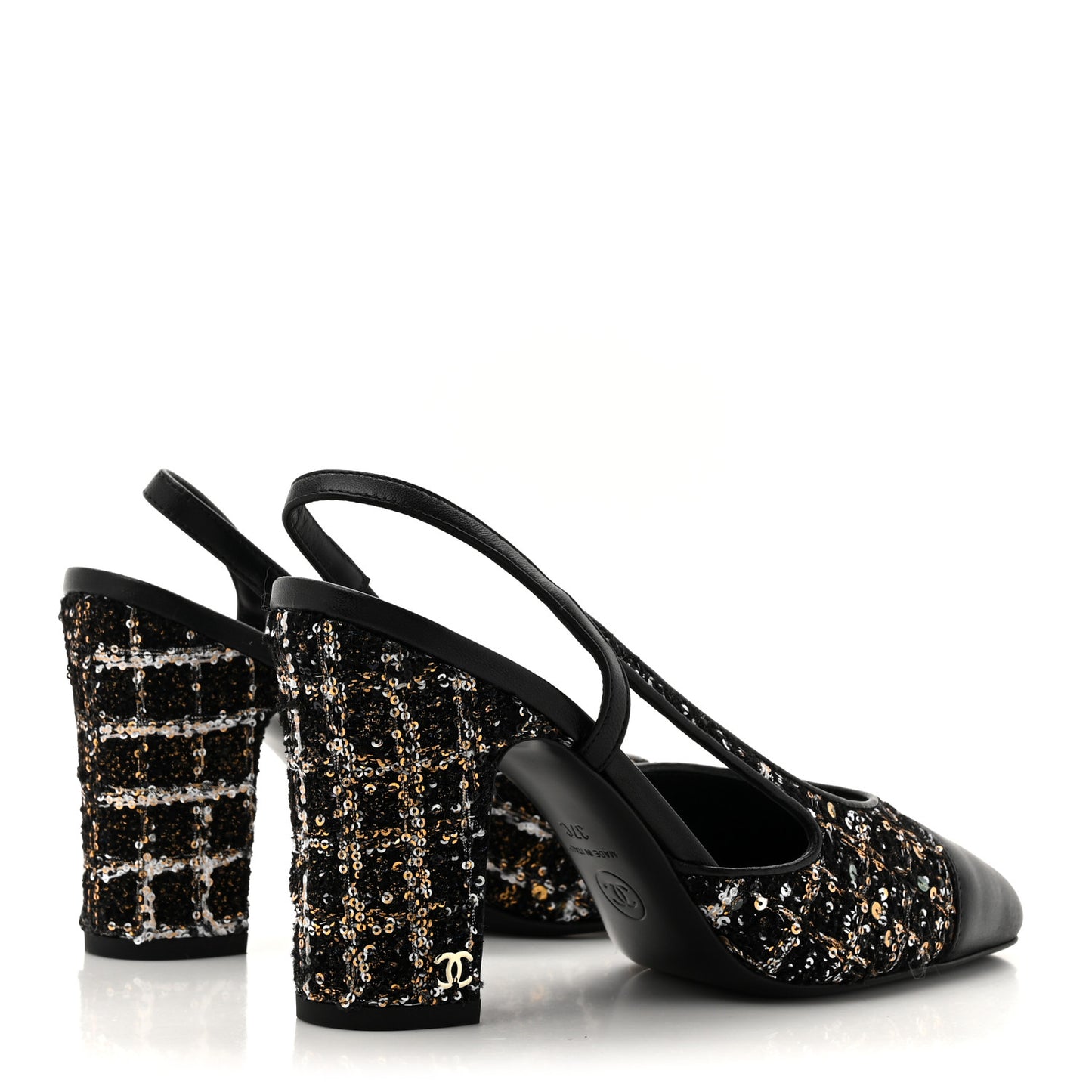Tweed Sequins Goatskin Cap Toe CC Slingback Pumps 37 Black White Gold