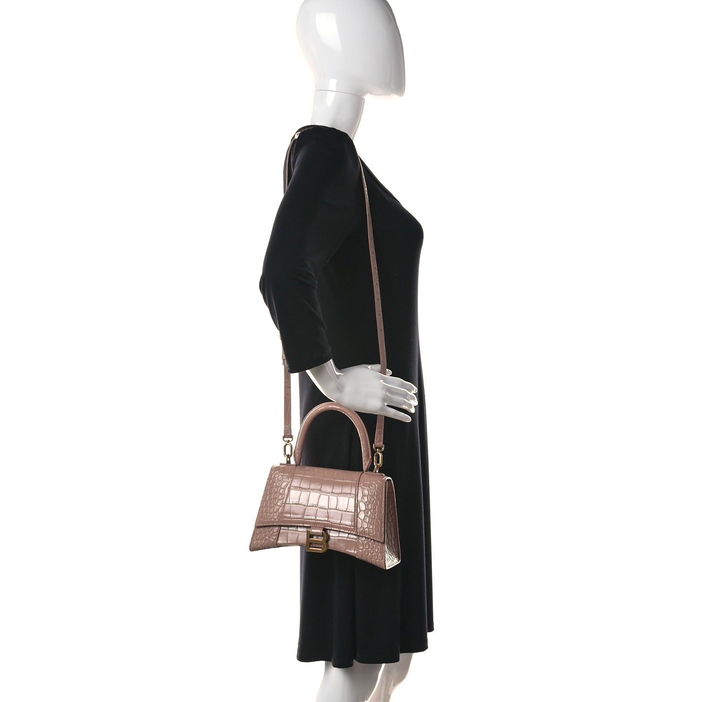 Shiny Calfskin Crocodile Embossed Small Hourglass Top Handle Bag Nude Beige