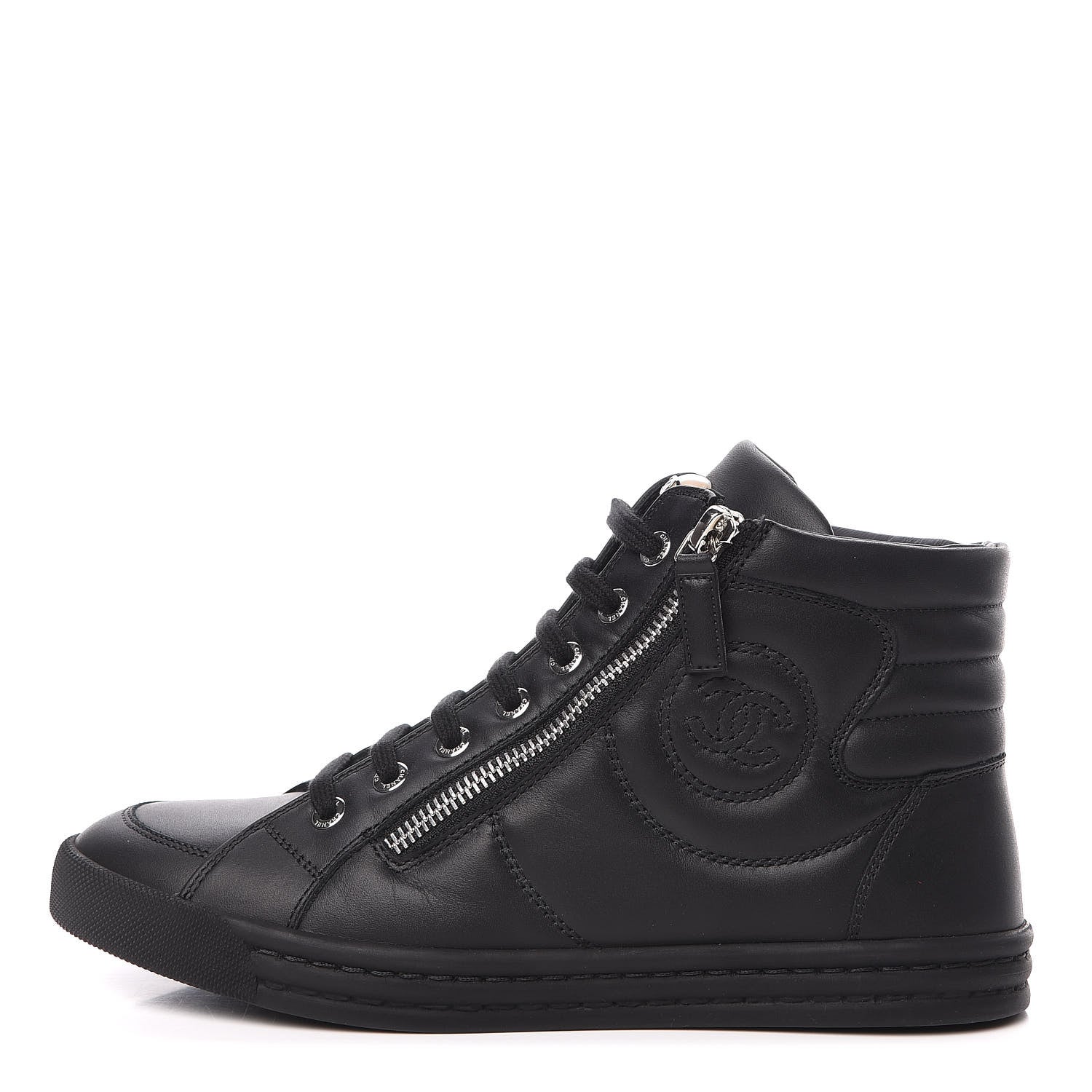 Chanel Calfskin Pearl High Top CC Sneakers 36.5 Black 1 of 10