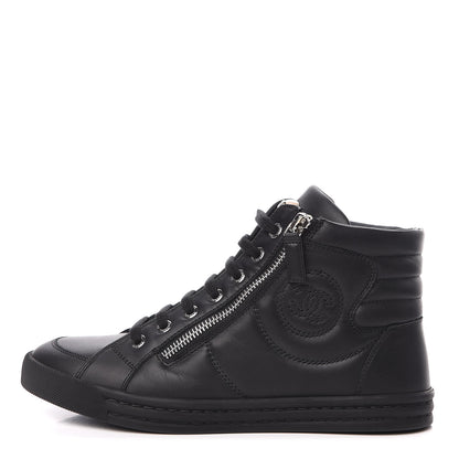 Chanel Calfskin Pearl High Top CC Sneakers 36.5 Black 1 of 10