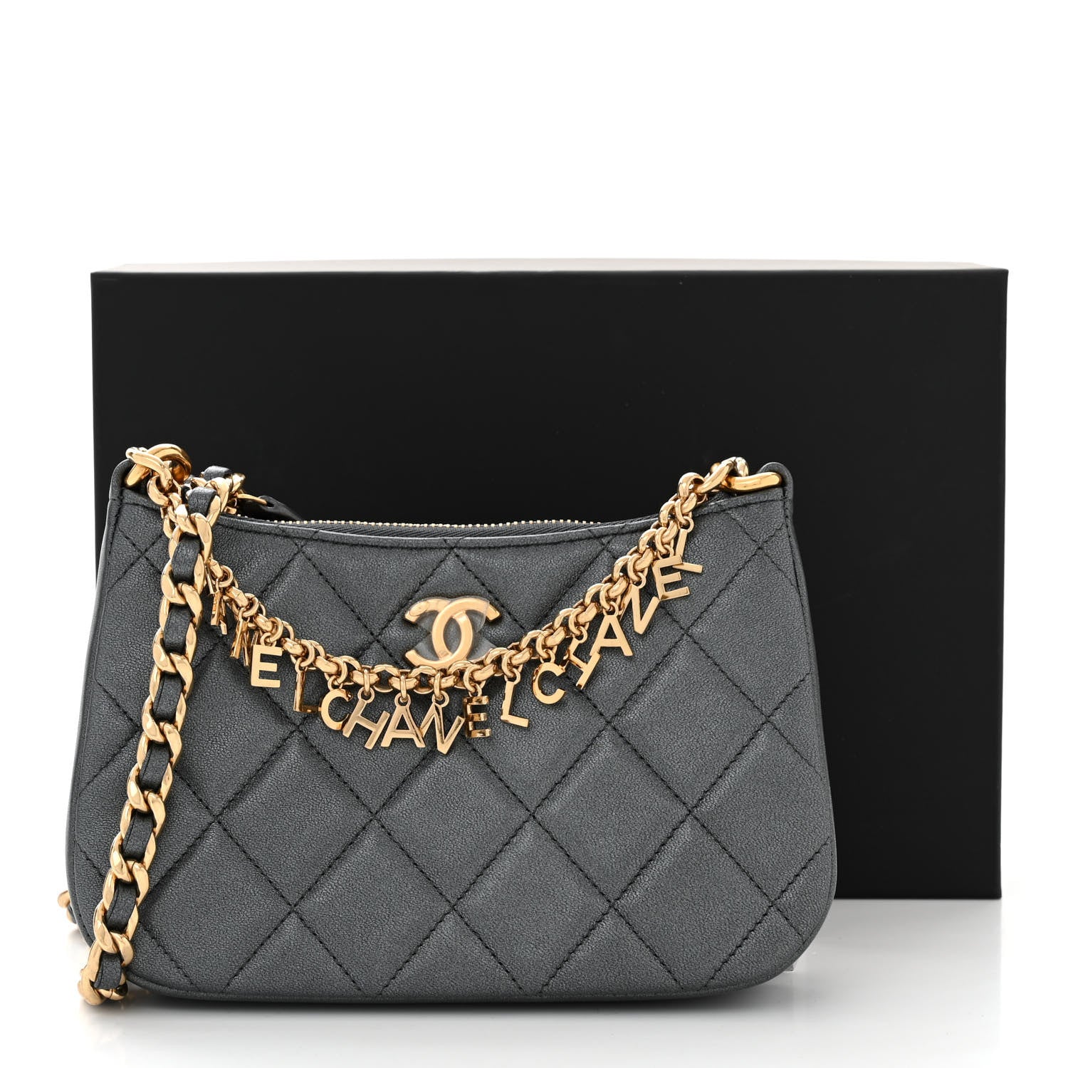 Chanel Metallic Lambskin Quilted Charms Hobo Bag Dark Grey 11 of 11