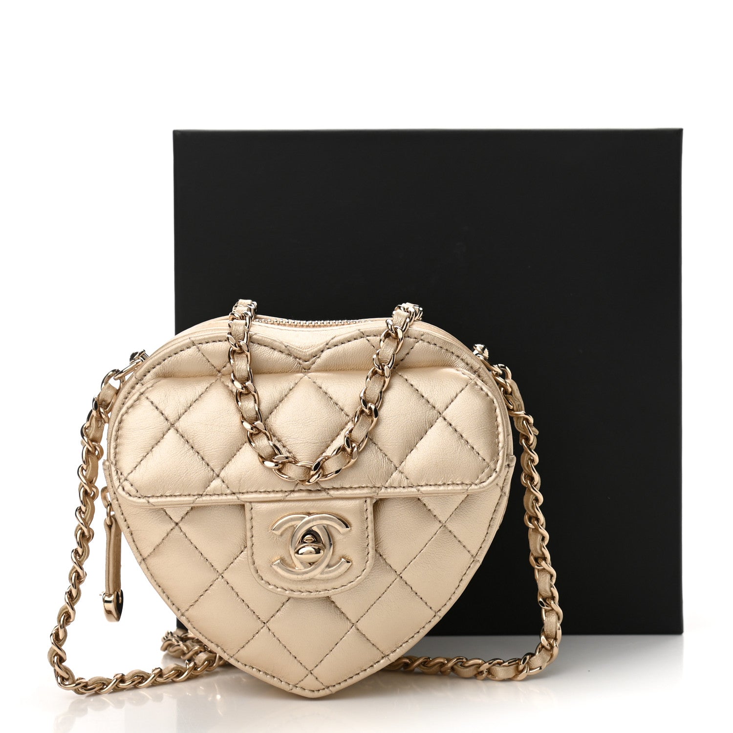 Chanel Metallic Lambskin Quilted CC In Love Heart Clutch With Chain Gold 11 of 11