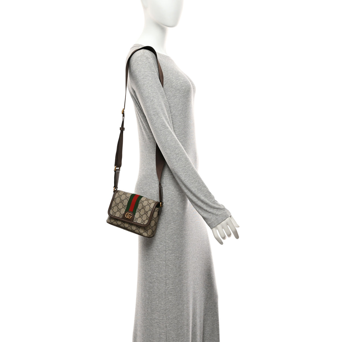 Gucci GG Supreme Monogram Textured Dollar Calfskin Web Mini Ophidia Shoulder Bag Beige Ebony New Acero 2 of 11
