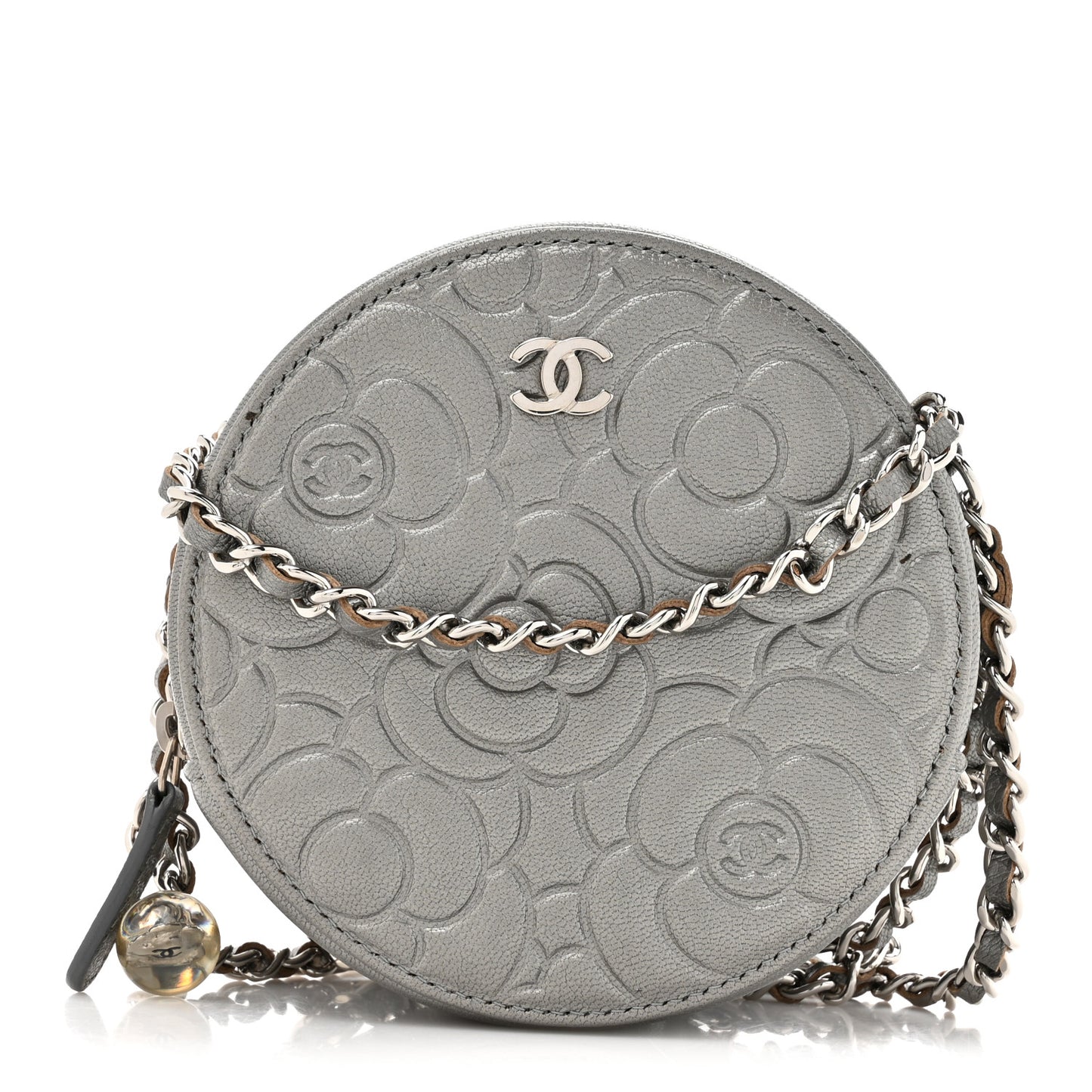 Goatskin Camellia Quilted Round Clutch With Chain Grey