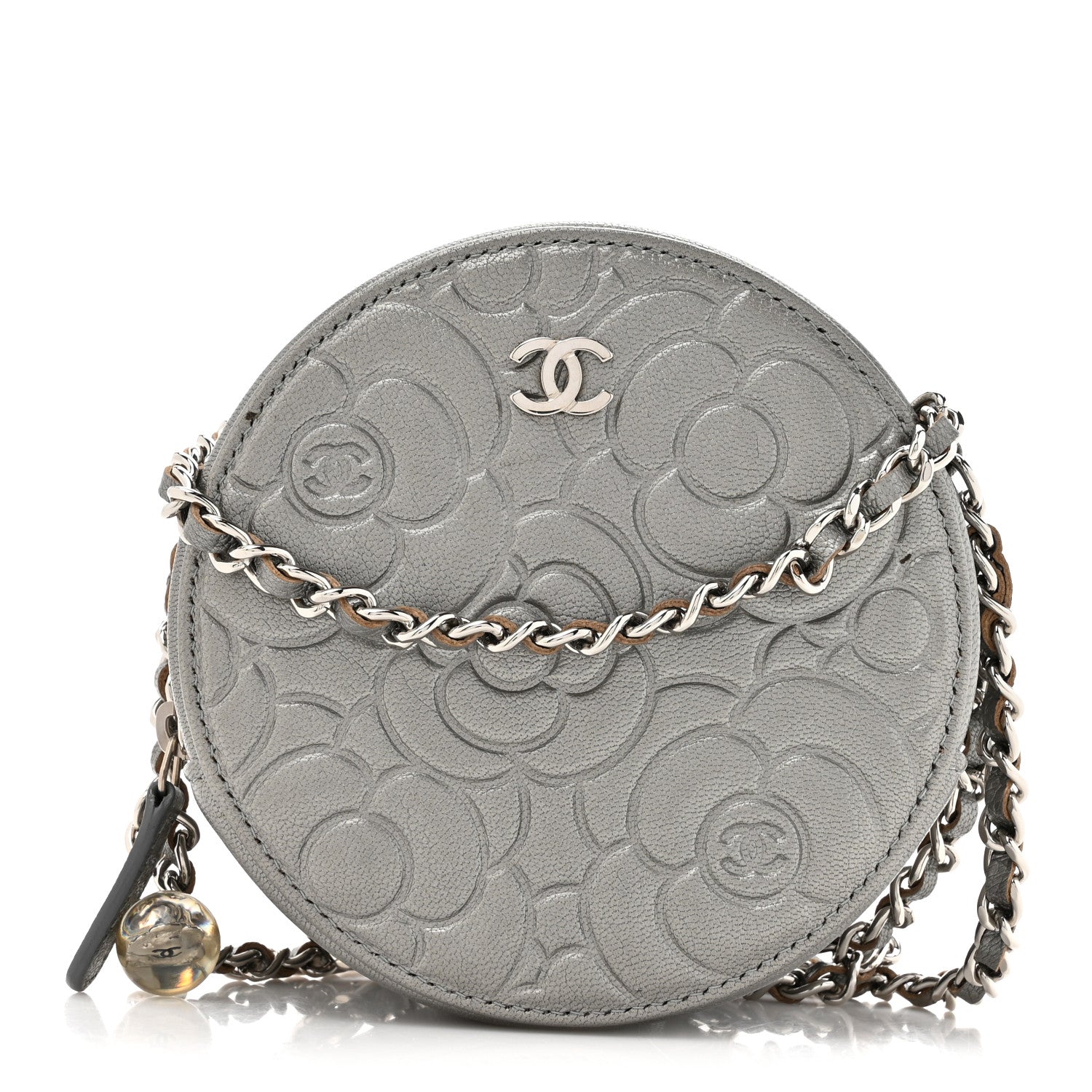Chanel Goatskin Camellia Quilted Round Clutch With Chain Grey 1 of 12