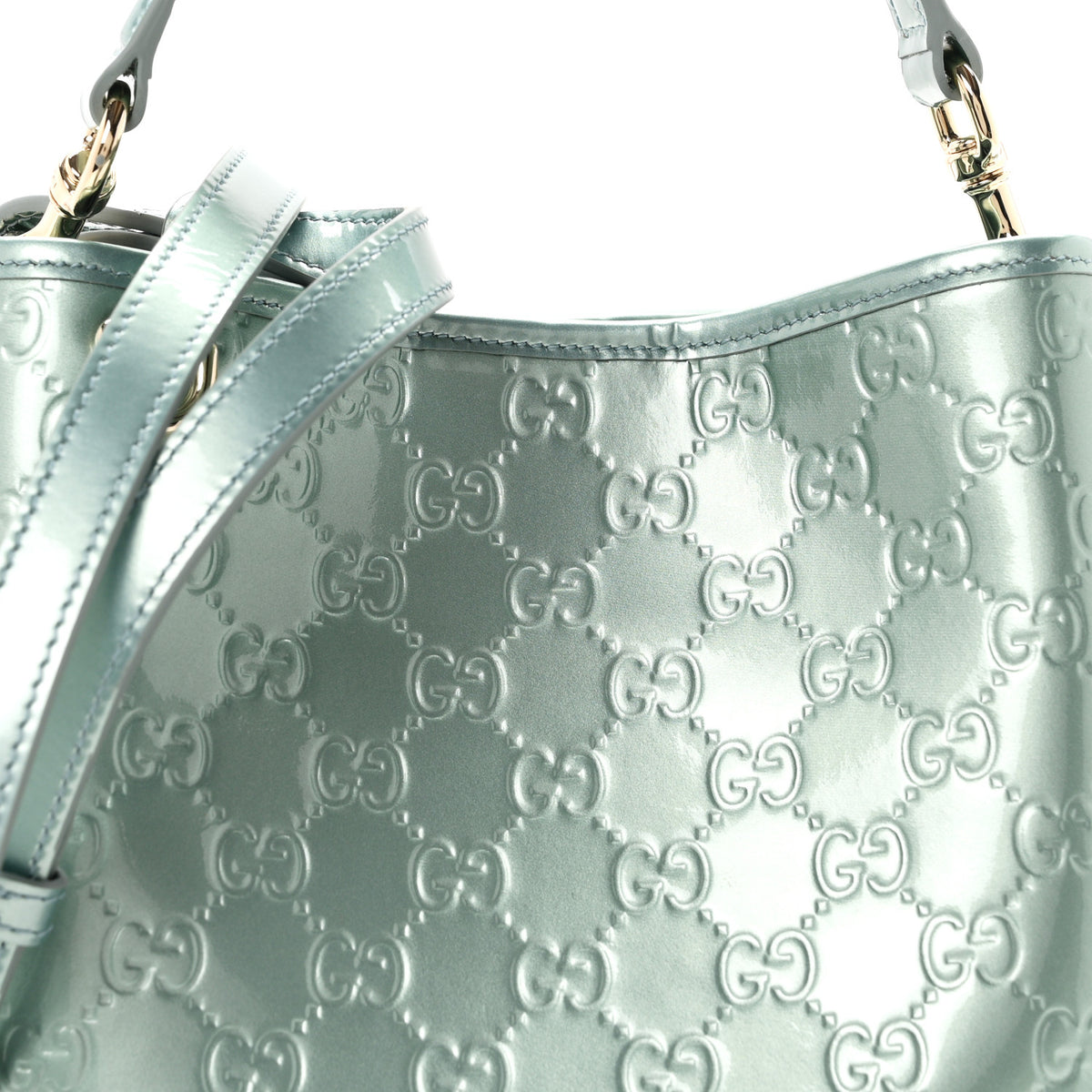 Gucci Patent GG Emblem Small Bucket Bag Light Blue 8 of 10