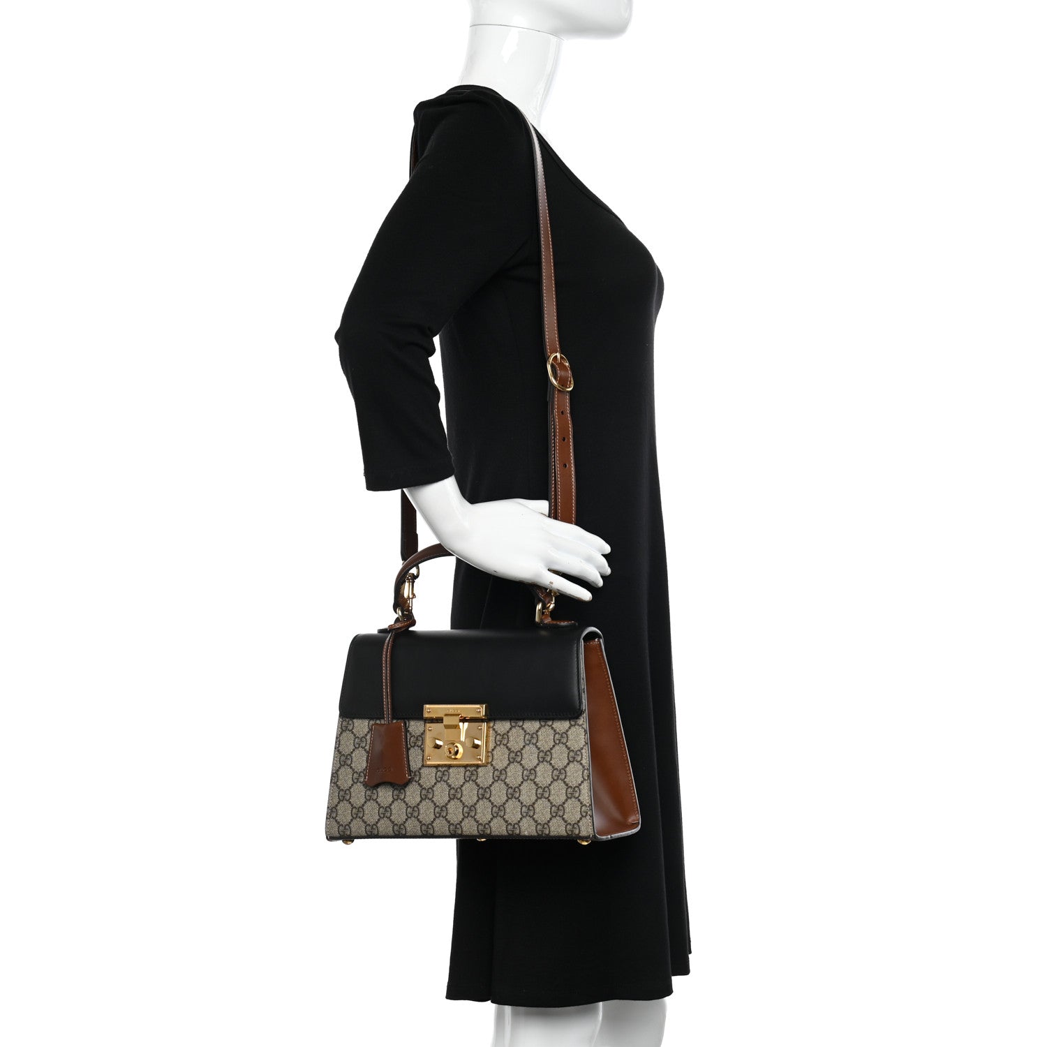 Gucci GG Supreme Monogram Calfskin Small Padlock Top Handle Bag Beige Black Cuir 2 of 13