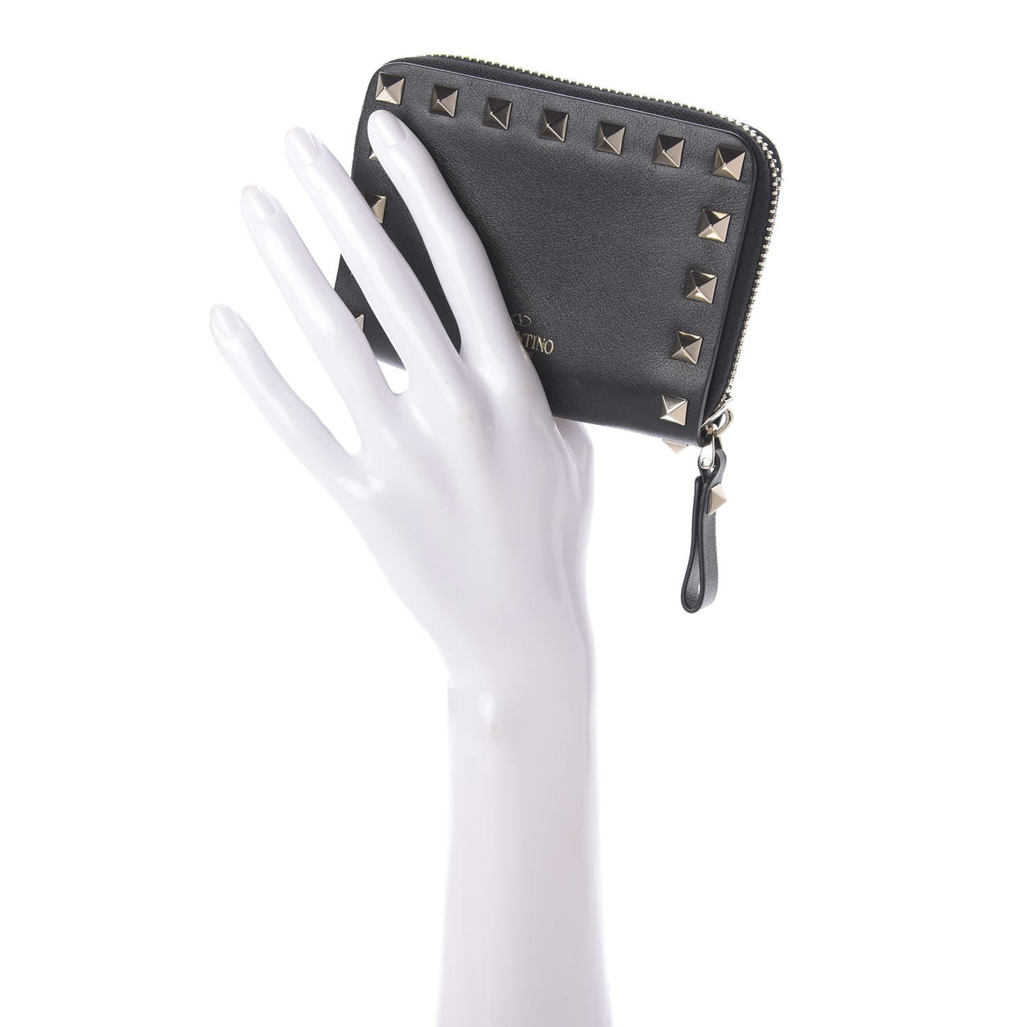Calfskin Rockstud Zip Around Coin Case Card Holder Black