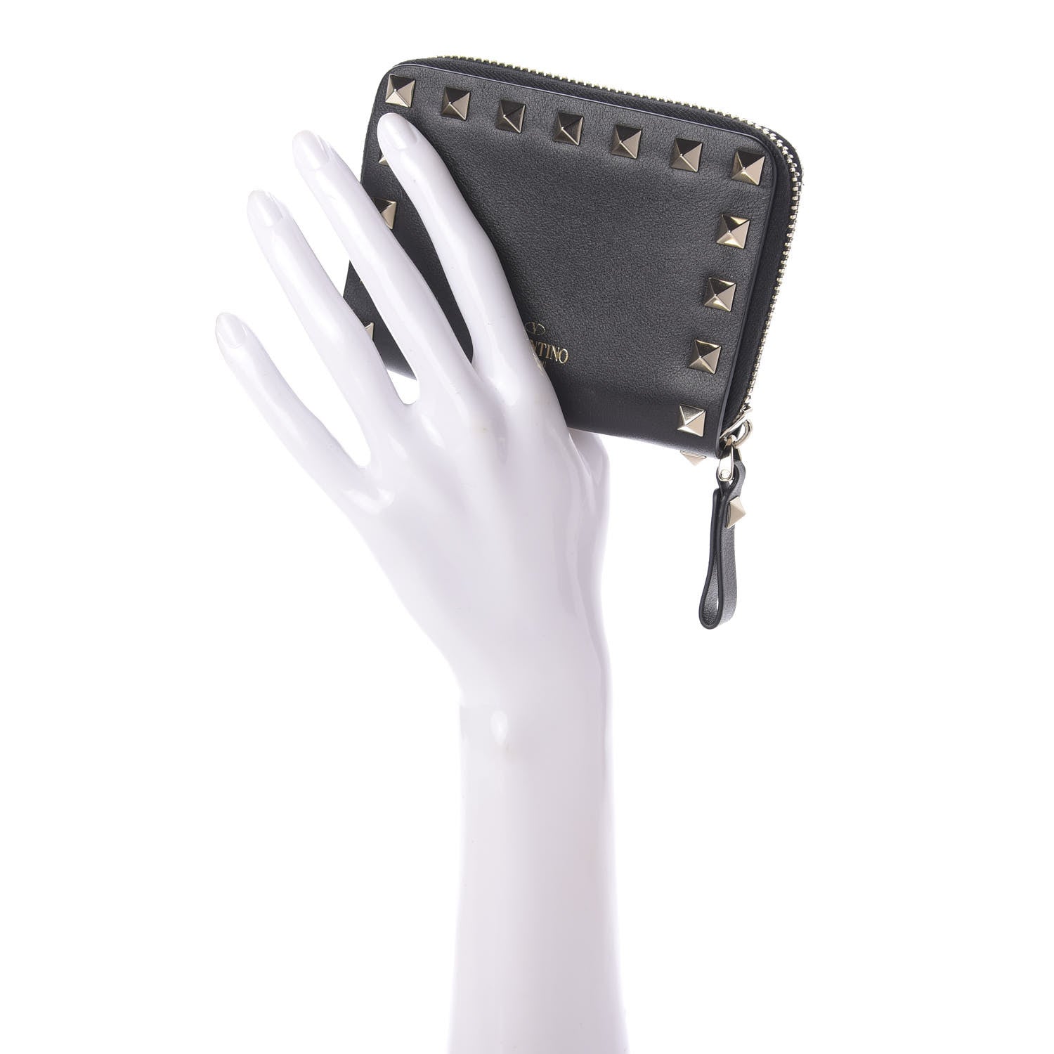 Valentino Garavani Calfskin Rockstud Zip Around Coin Case Card Holder Black 2 of 8
