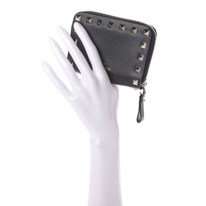 Valentino Garavani Calfskin Rockstud Zip Around Coin Case Card Holder Black 2 of 8