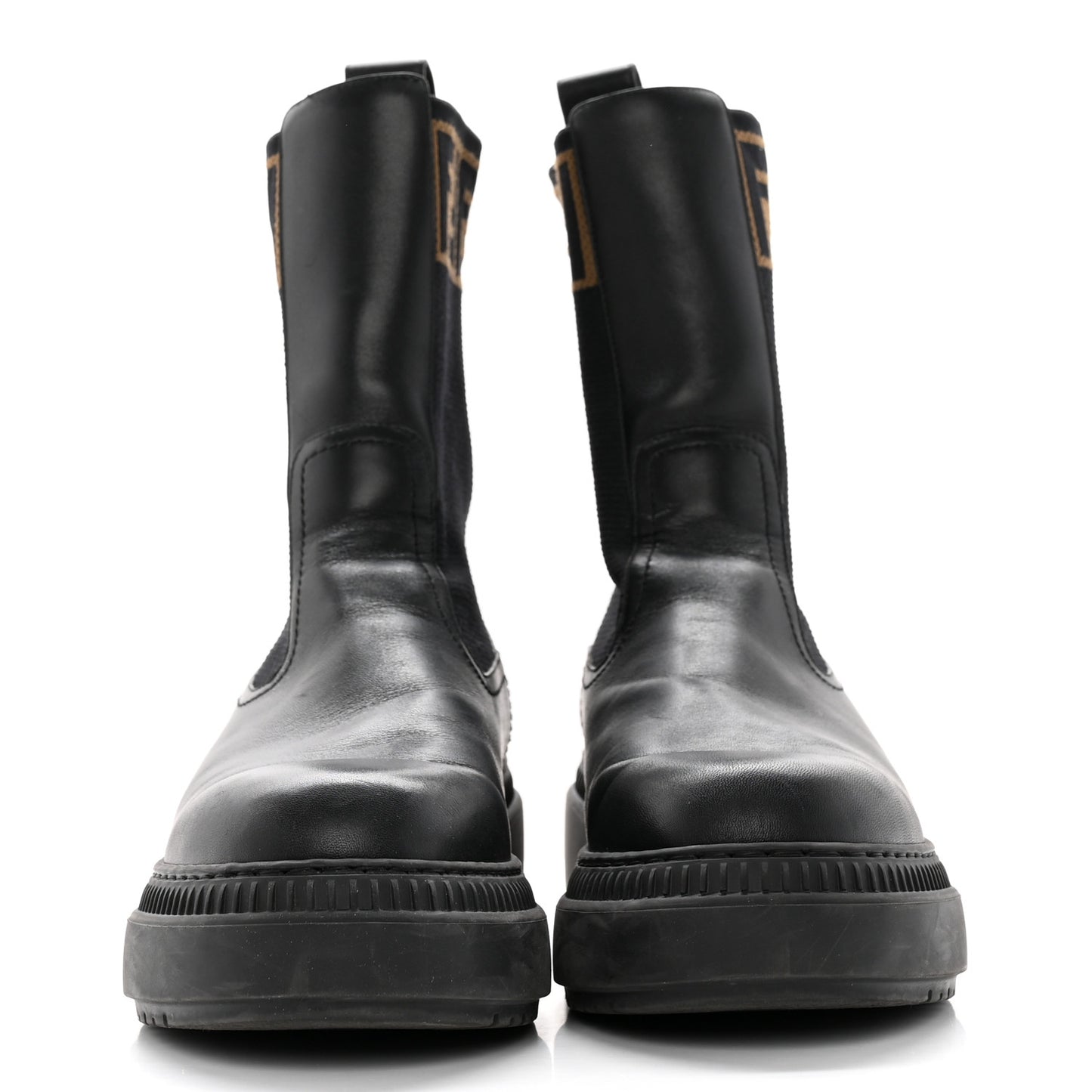 Fabric Jacquard FF Calfskin Domino Chelsea Boots 39 Black Tobacco