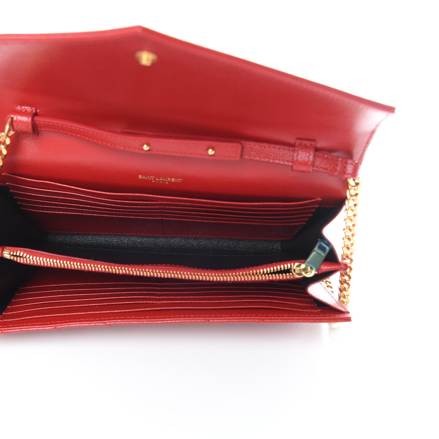 Saint Laurent Grain De Poudre Matelasse Chevron Monogram Chain Wallet Red 5 of 12