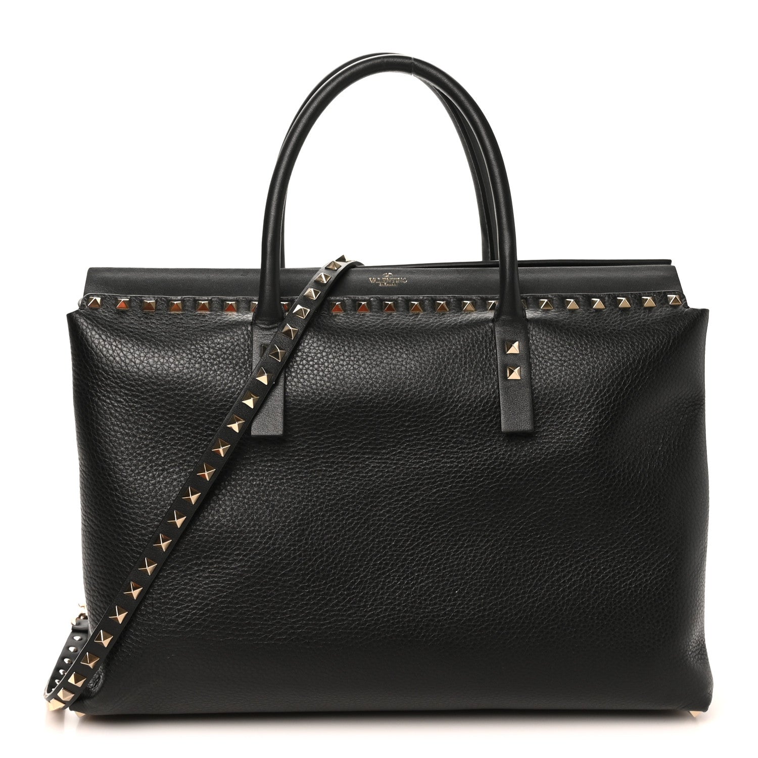 Valentino Garavani Grained Calfskin Rockstud Flip Lock Briefcase Tote  Black 1 of 9