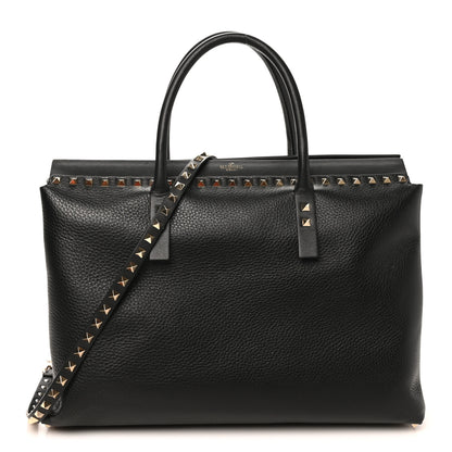 Valentino Garavani Grained Calfskin Rockstud Flip Lock Briefcase Tote  Black 1 of 9