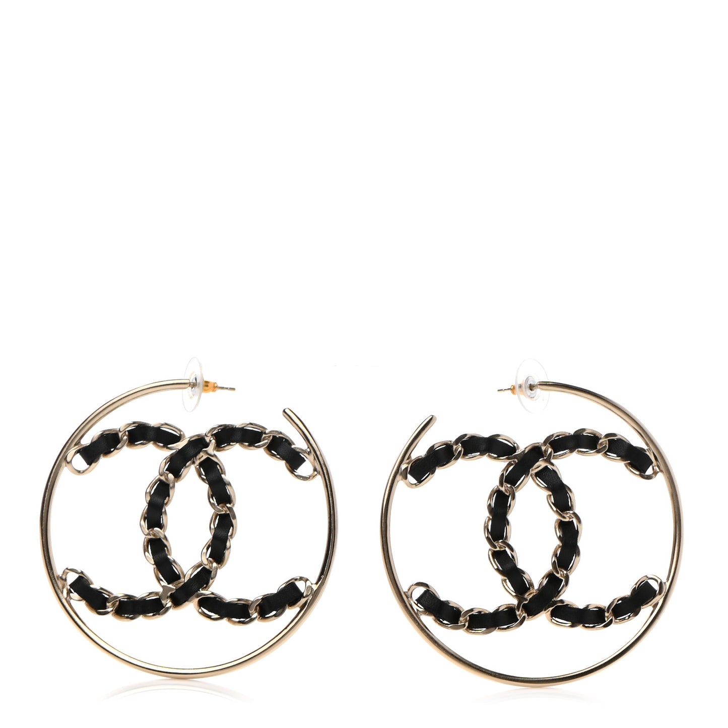 Lambskin CC Chain Hoop Earrings Black Gold