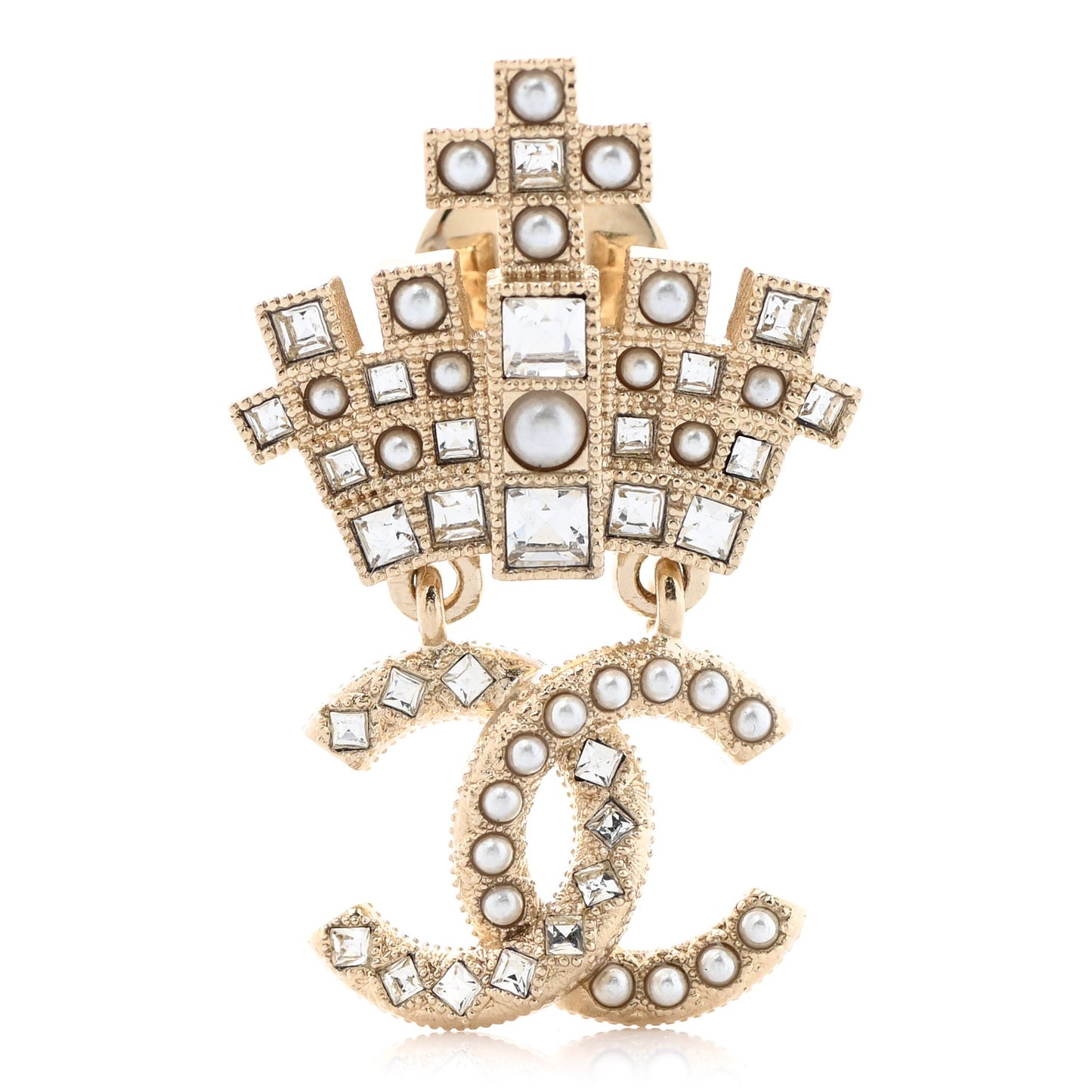 Pearl Crystal CC Crown Brooch Gold