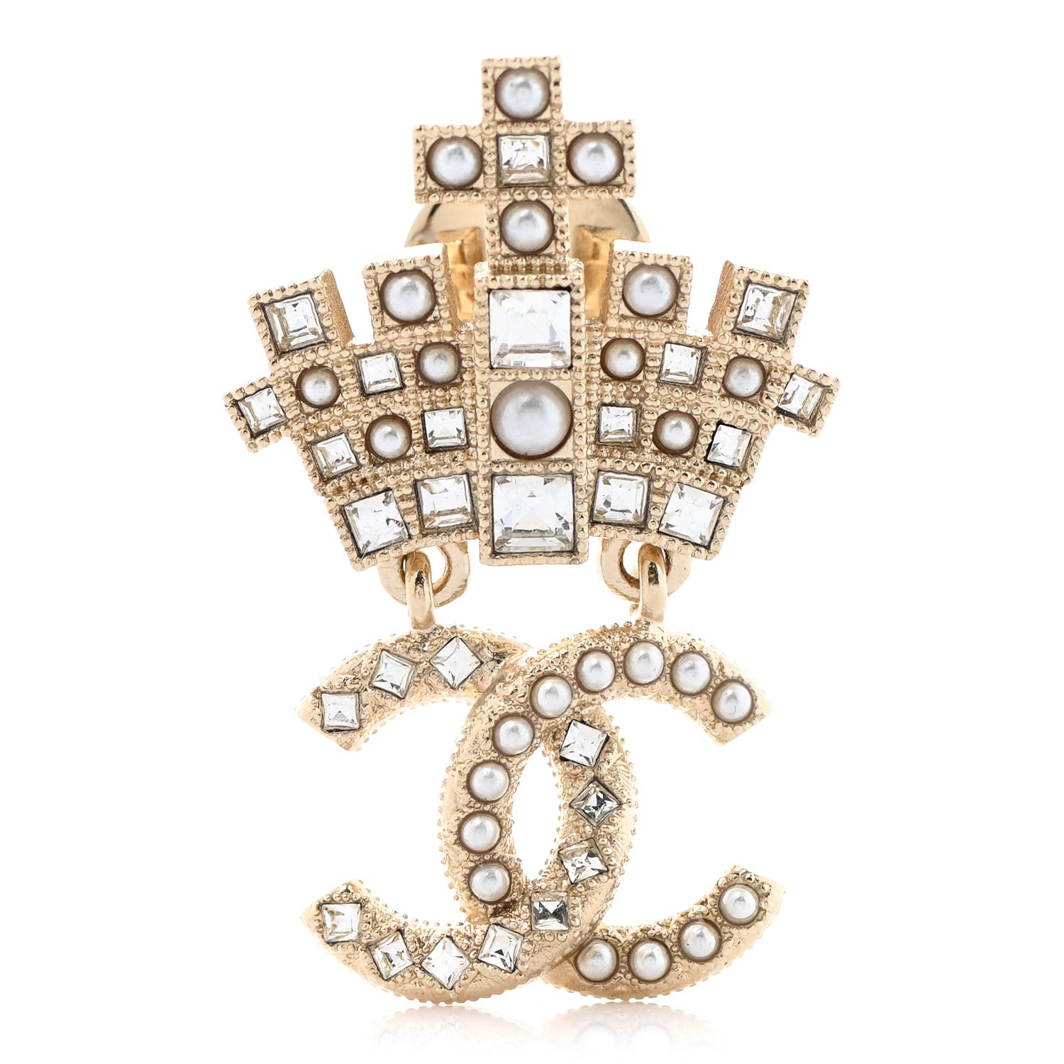 Chanel Pearl Crystal CC Crown Brooch Gold 1 of 5
