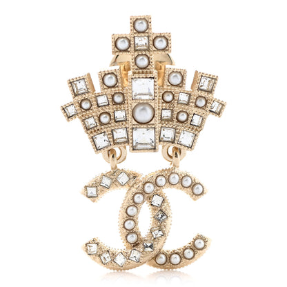 Chanel Pearl Crystal CC Crown Brooch Gold 1 of 5