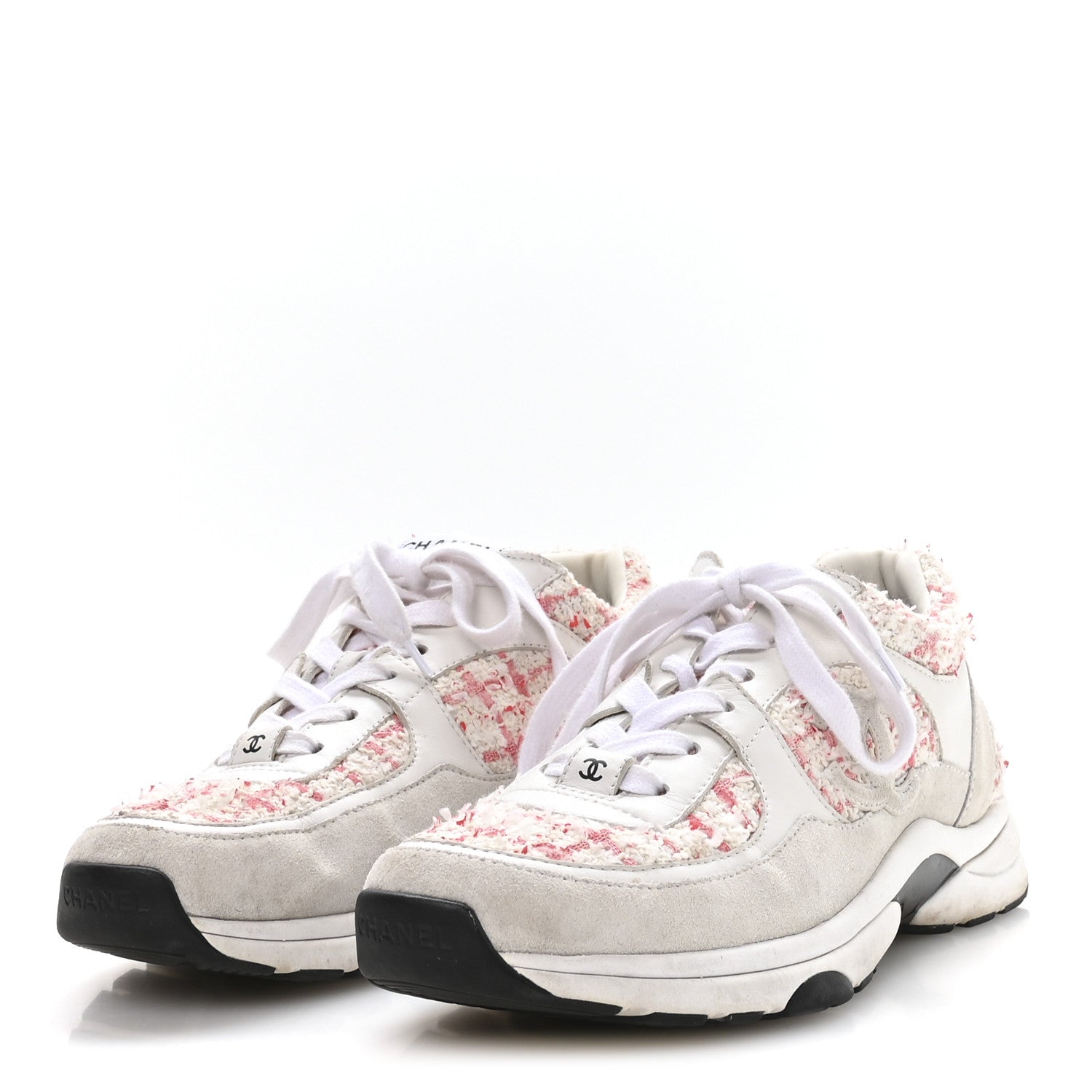 Chanel Tweed Suede Calfskin Womens CC Sneakers 39.5 Ecru Pink Red