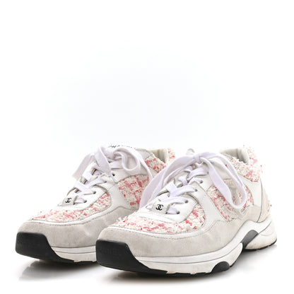 Chanel Tweed Suede Calfskin Womens CC Sneakers 39.5 Ecru Pink Red White 4 of 8