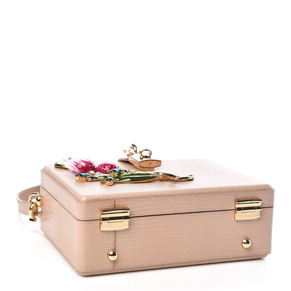 Dolce & Gabbana Lizard Calfskin Embossed Dauphine Tulip Crystal Embellished Box Bag Taupe 4 of 10