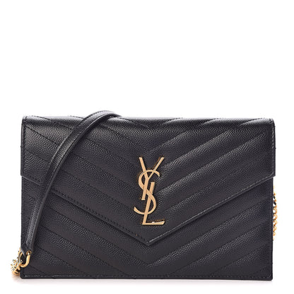 Saint Laurent Grain De Poudre Matelasse Chevron Monogram Envelope Chain Wallet Black 1 of 12
