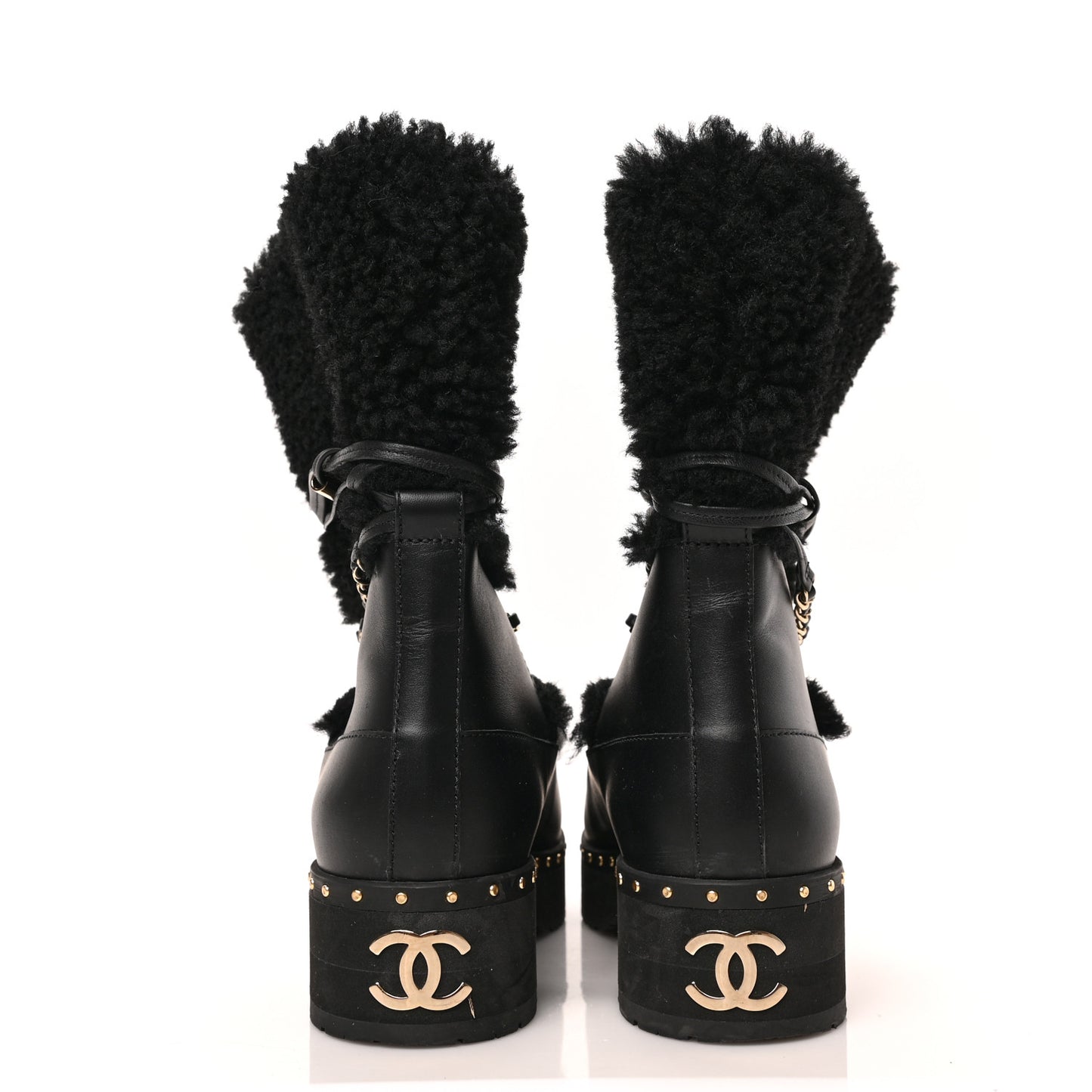 Calfskin Shearling Lambskin CC Cap Toe Chain Snow Boots 38 Black