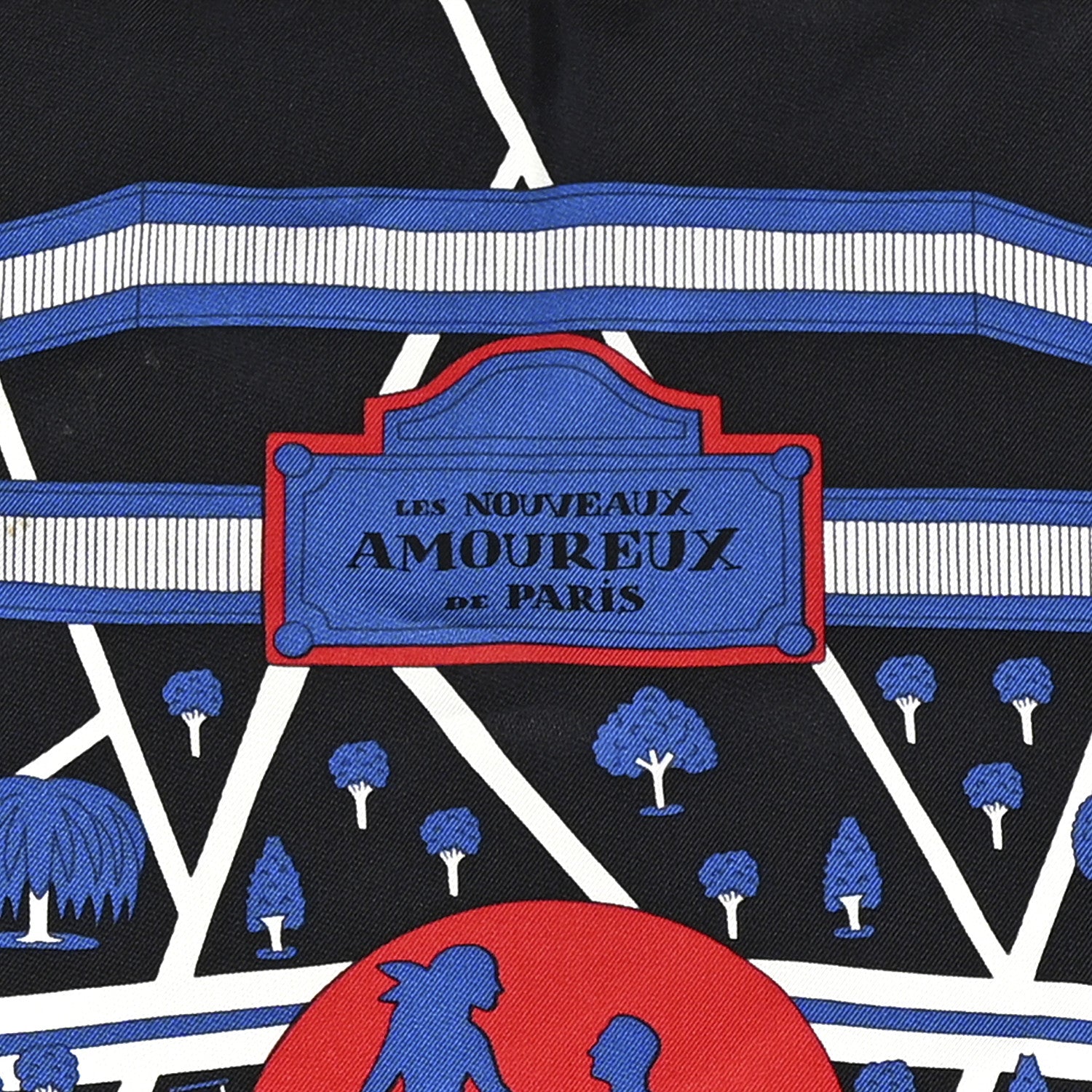 Hermes Silk Les Nouveaux Amoureux de Paris Scarf 90 Bleu Black
