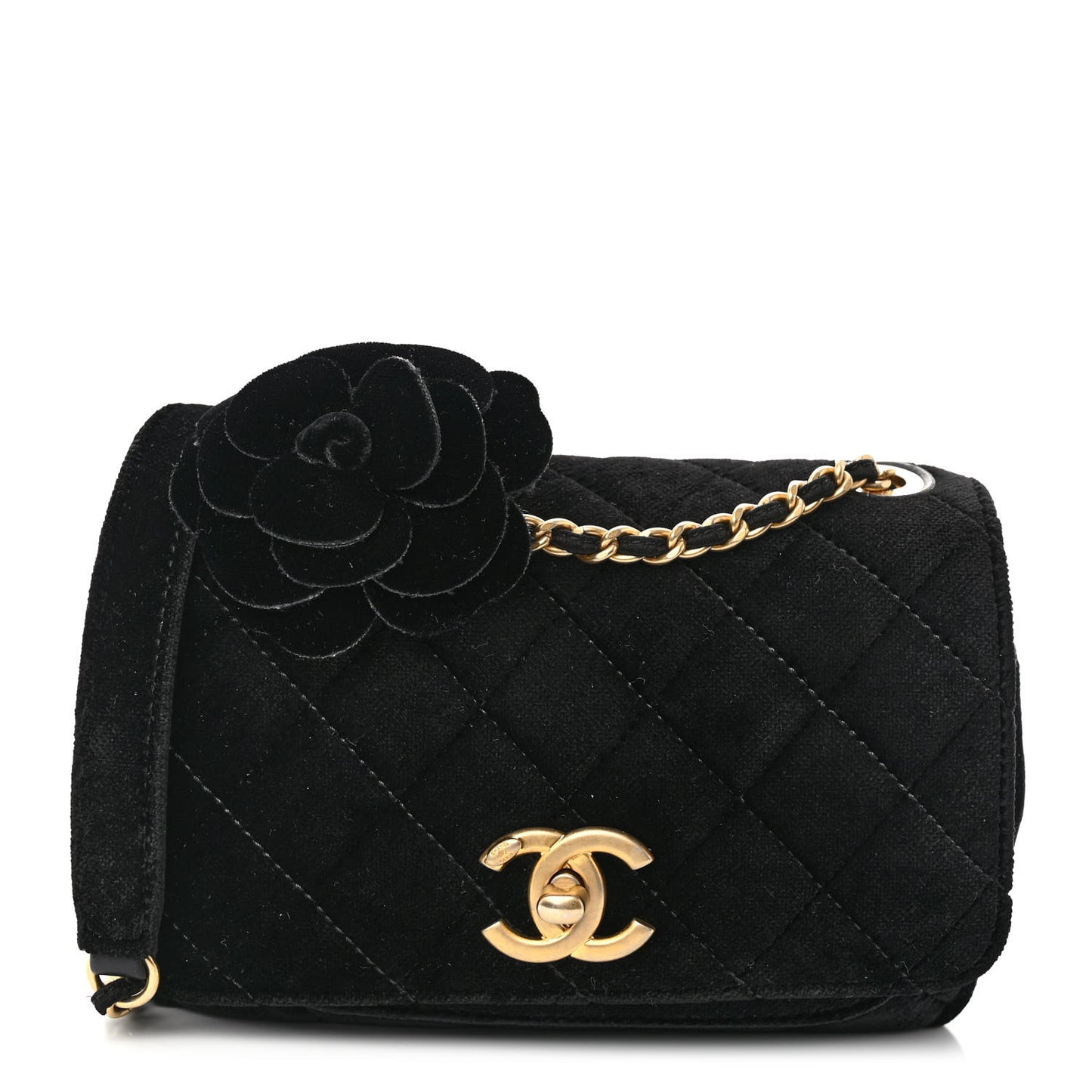 Velvet Quilted Small Camellia Flap Black