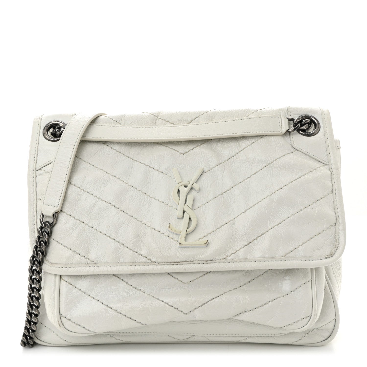Saint Laurent Crinkled Calfskin Matelasse Monogram Medium Niki Chain Satchel Ivory 1 of 12