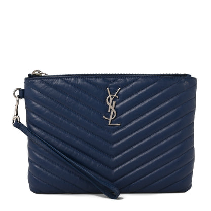 Saint Laurent Calfskin Matelasse Chevron Monogram A5 Wristlet Medium Blue 1 of 9