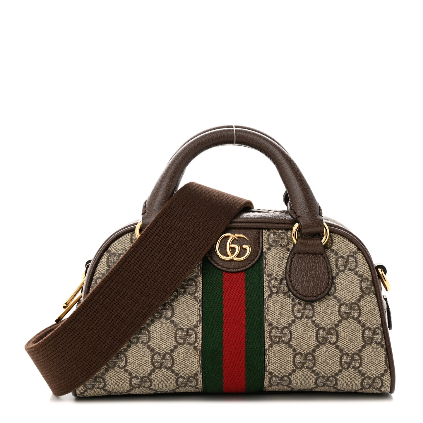 GG Supreme Monogram Textured Dollar Calfskin Web Mini Ophidia Top Handle Bowler Bag Beige Ebony New Acero