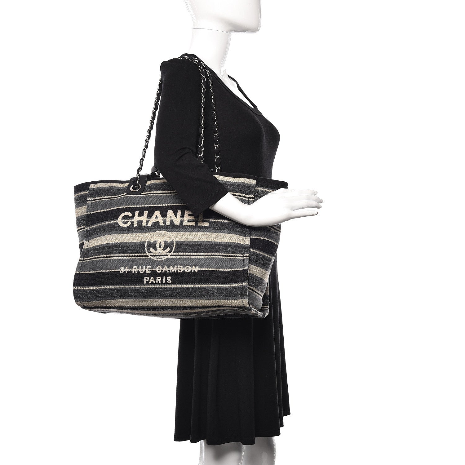 Chanel Striped Canvas Medium Deauville Tote Black 3 of 11