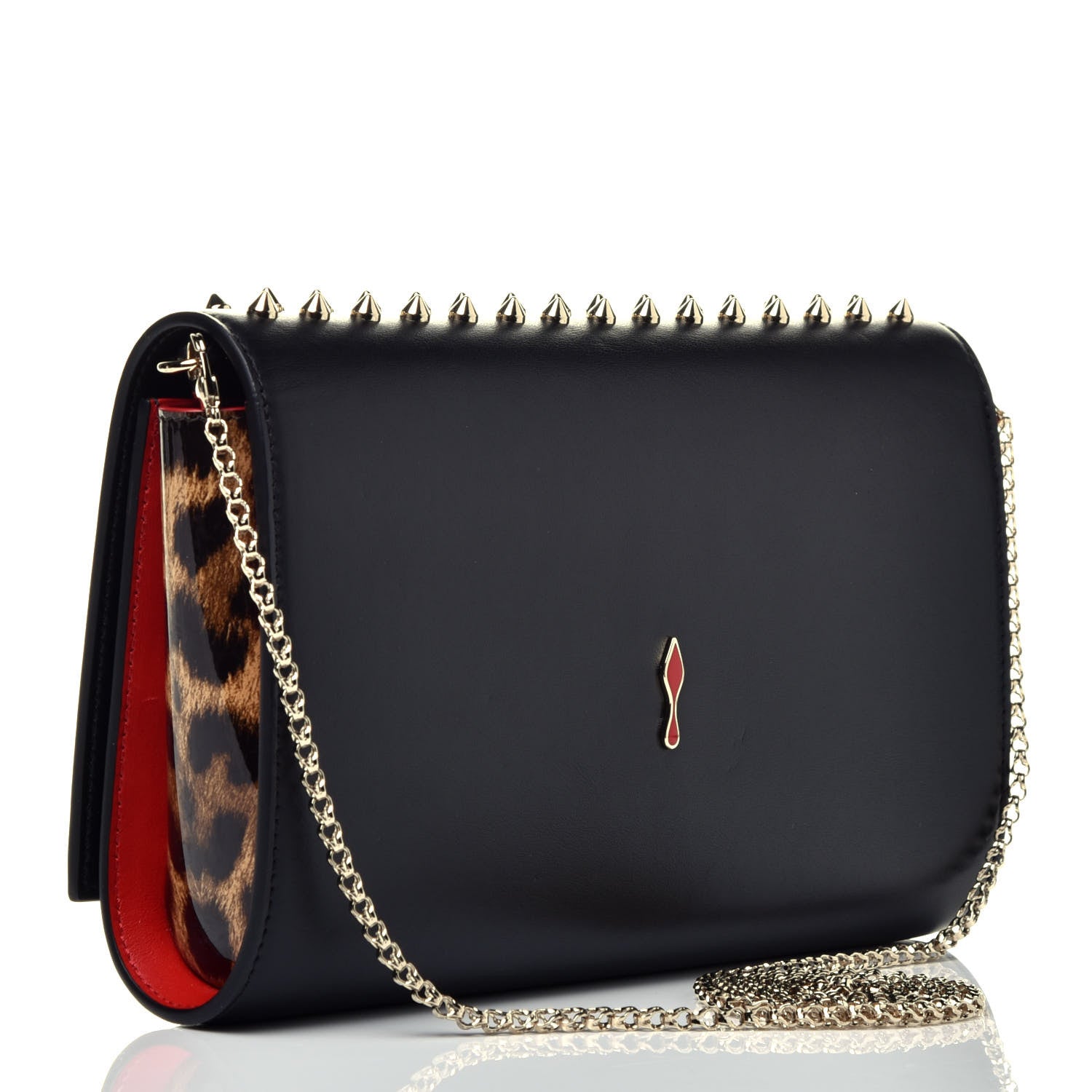 Christian Louboutin Calfskin Patent Leopard Spikes Paloma Clutch Black 3 of 9