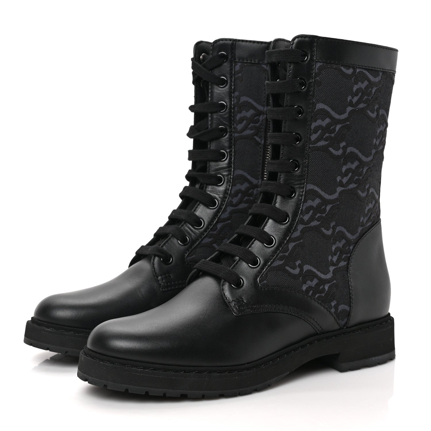 Fendi Vitello Fabric Jacquard Karligraphy Embroidered Womens Combat Boots 38 Black 3 of 7