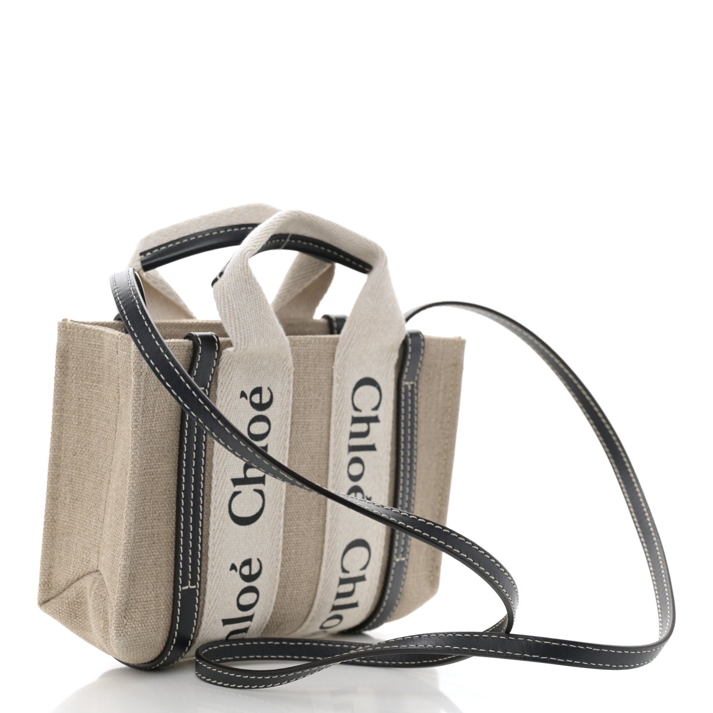 Linen Calfskin Mini Woody Ribbon Tote White Navy