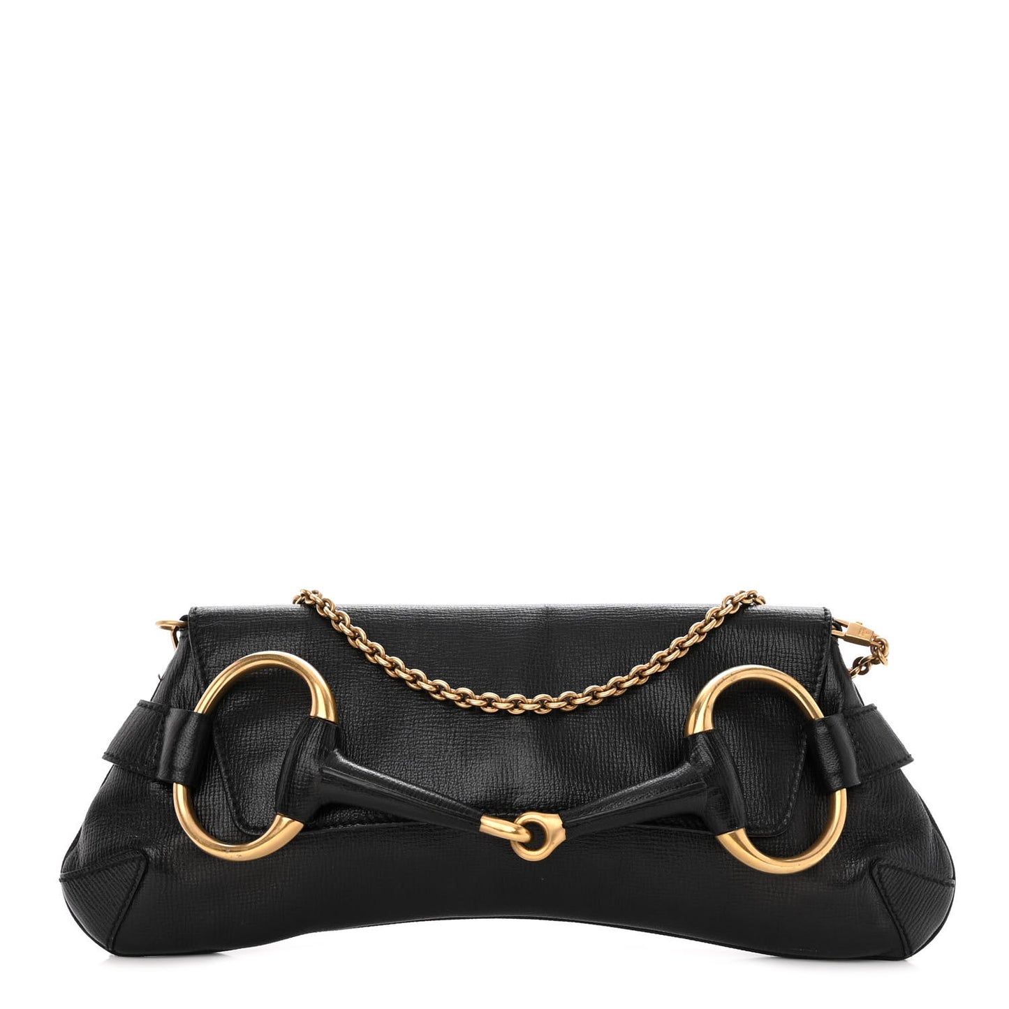 Textured Calfskin Horsebit Chain Clutch Black