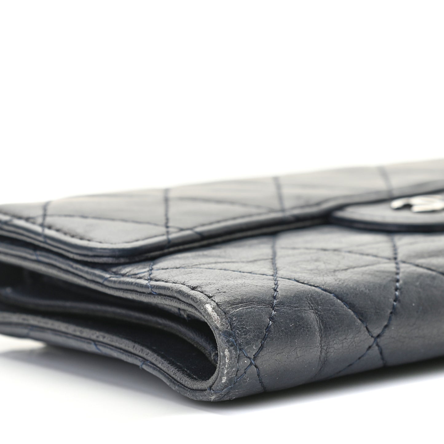 Lambskin Quilted Large Gusset Flap Wallet Navy