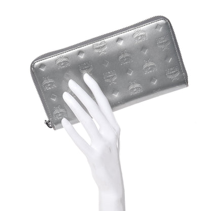 MCM Metallic Monogram Patent Large Zip Around Wallet Silver 2 of 10