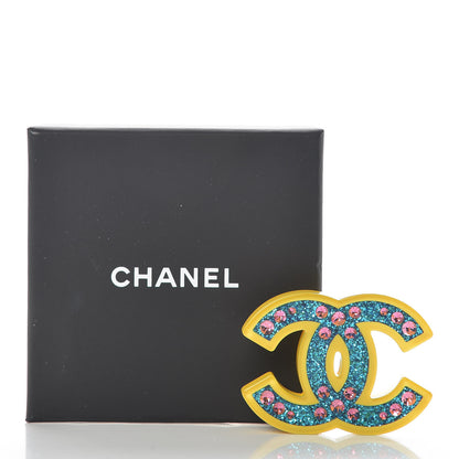 Chanel Resin Glitter Crystal CC Brooch Yellow Blue 5 of 5