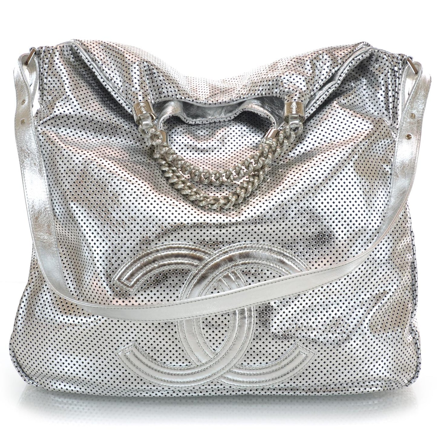 Metallic Glazed Calfskin Perforated XL Rodeo Drive Tote Silver