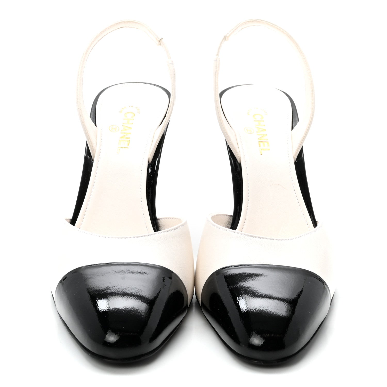 Chanel Lambskin Patent Calfskin Cap Toe CC Apple Slingback Pumps 38 White Black 3 of 10