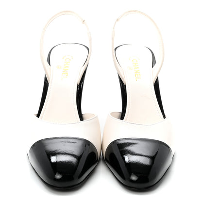 Chanel Lambskin Patent Calfskin Cap Toe CC Apple Slingback Pumps 38 White Black 3 of 10