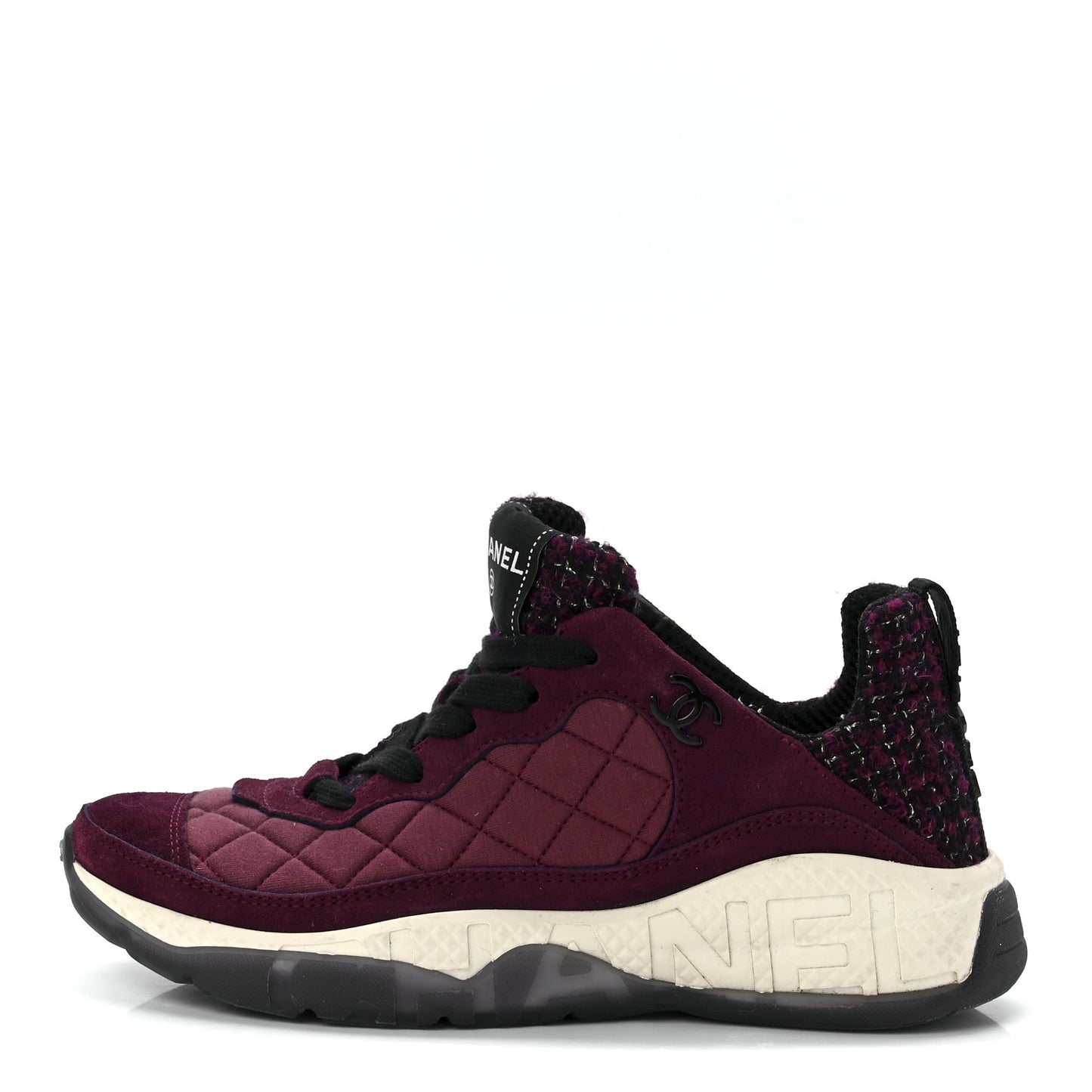 Tweed Suede Calfskin Grained Calfskin Womens CC Sneakers 35.5 Burgundy Black Silver