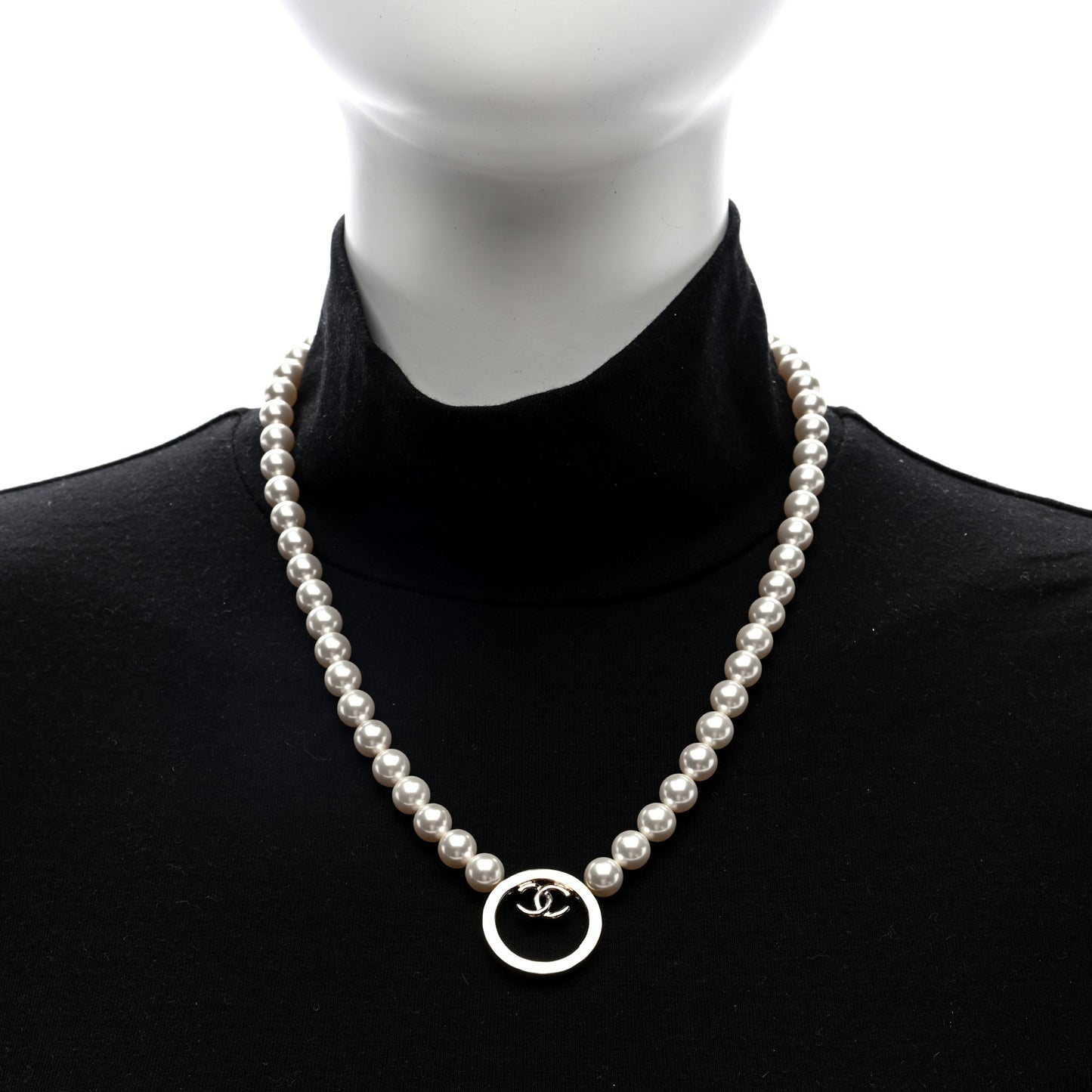 Pearl CC Round Long Necklace Gold White