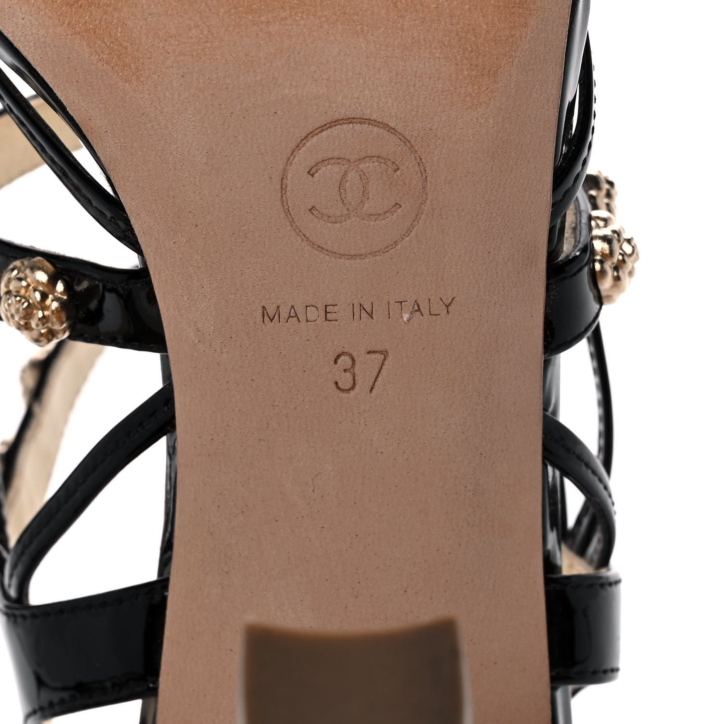 Patent Camellia Studded Strappy Sandals 37 Black