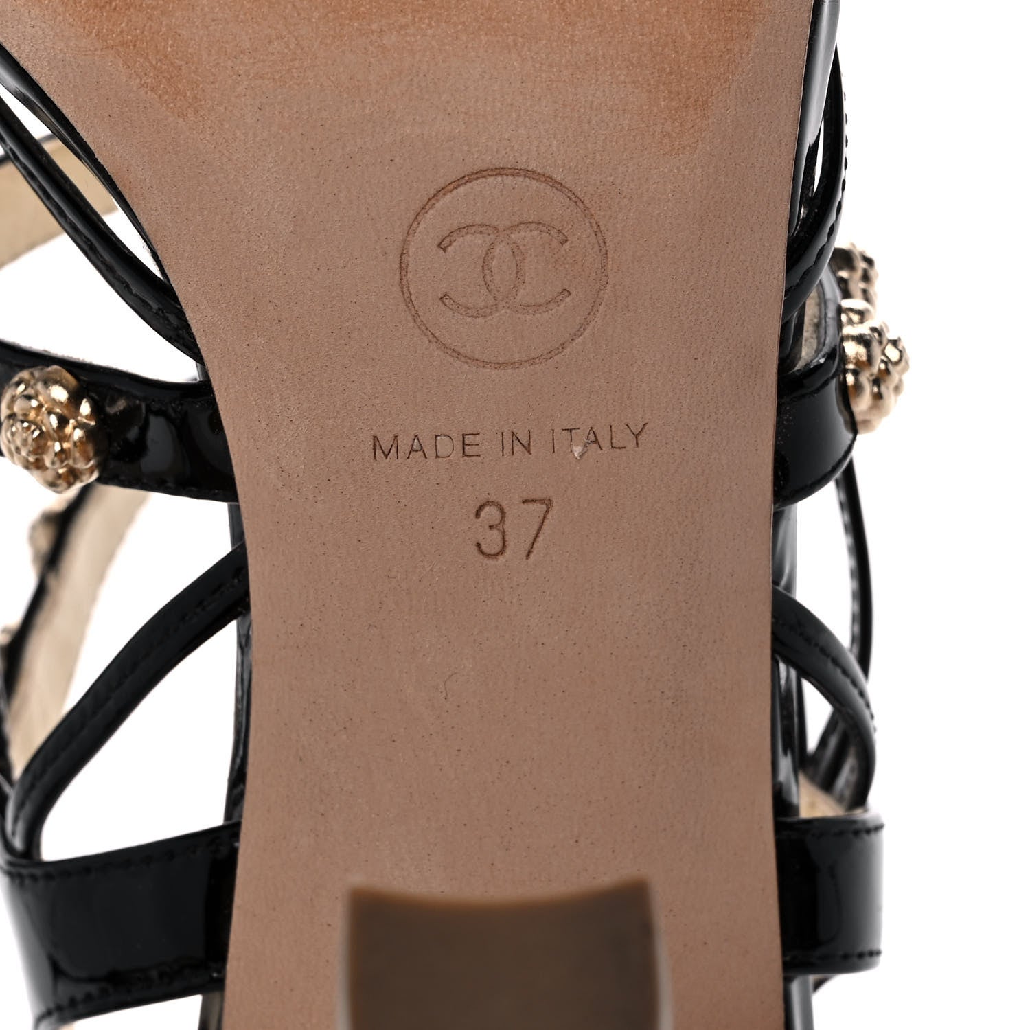 Chanel Patent Camellia Studded Strappy Sandals 37 Black 6 of 9
