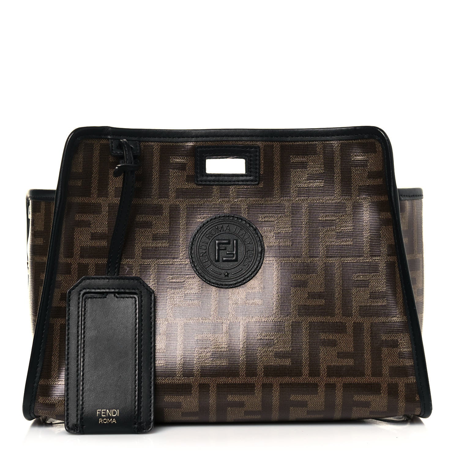 Fendi Glazed Fabric Vitello Century FF 1974 Stamp Patch Mini Peekaboo Defender Cover Mogano Panna Black 1 of 16