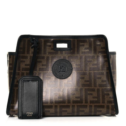 Fendi Glazed Fabric Vitello Century FF 1974 Stamp Patch Mini Peekaboo Defender Cover Mogano Panna Black 1 of 16